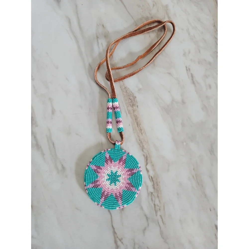 Vintage Native American Beaded Medallion Necklace Leather Back